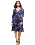 24seven Comfort Apparel Long Sleeve Wrap Dress with Belt  Purple Black Print