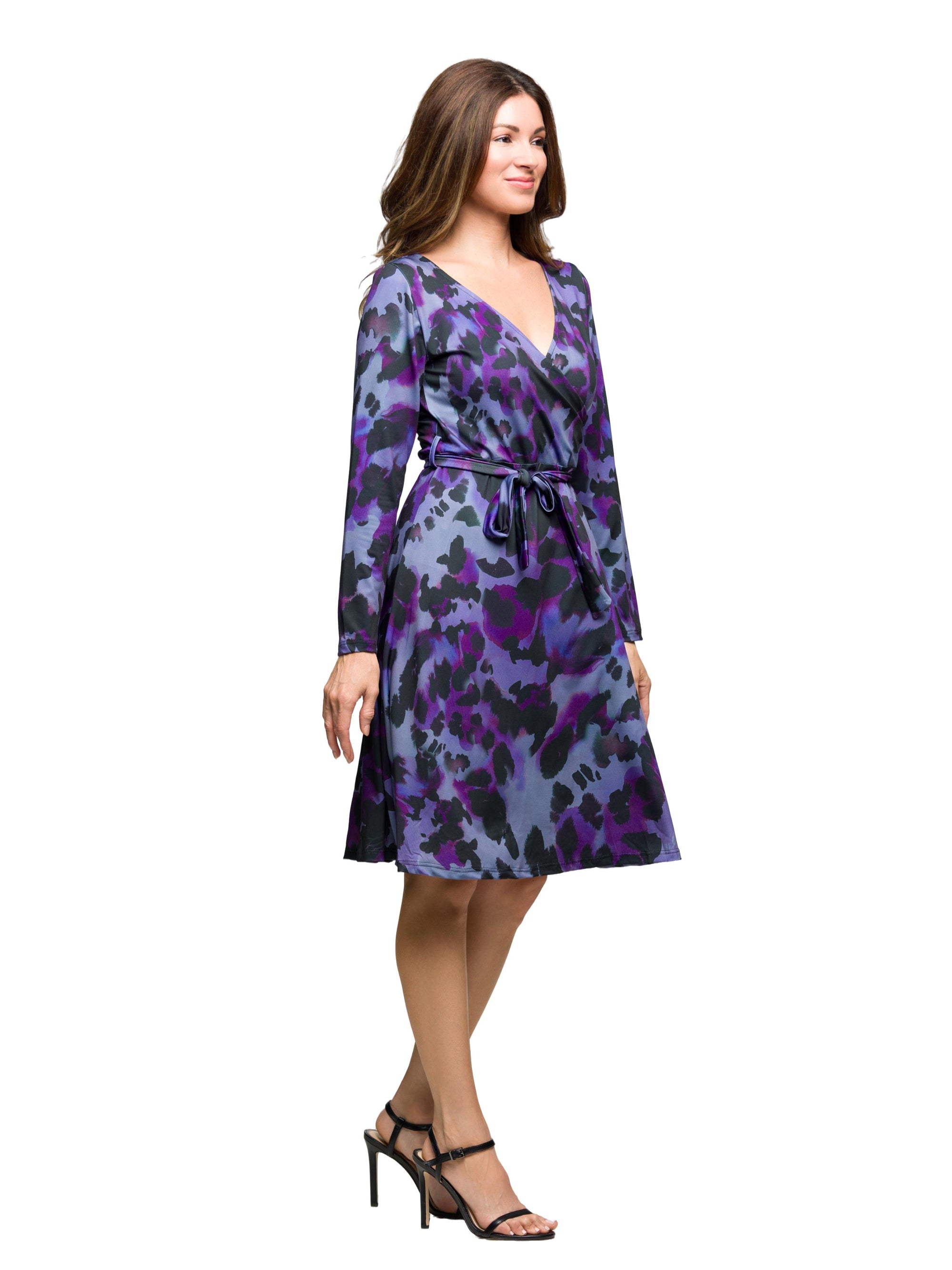 24seven Comfort Apparel Long Sleeve Wrap Dress with Belt  Purple Black Print