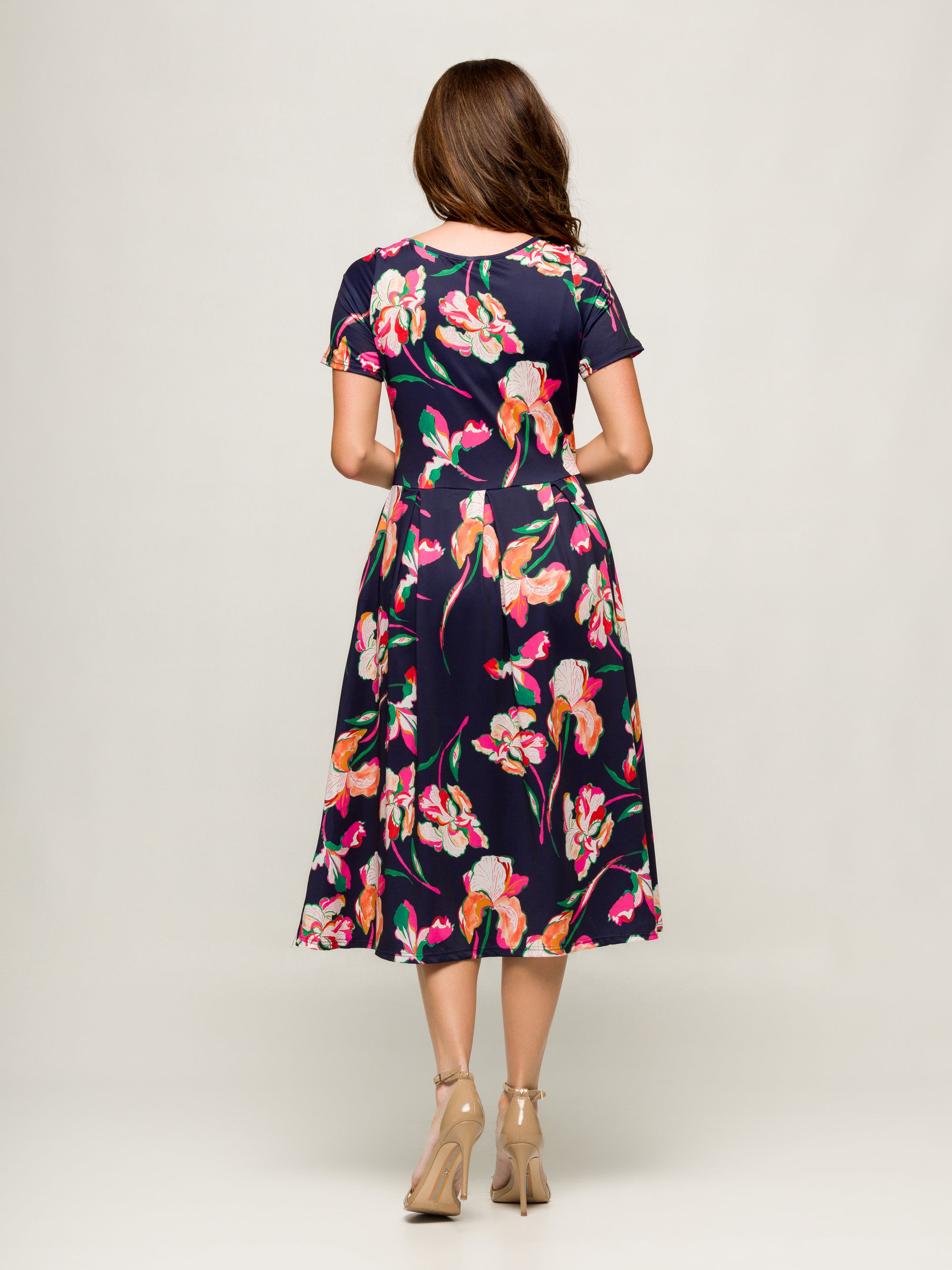 24seven Comfort Apparel Womens Navy Floral Short Sleeve Pleated Flare Midi Pocket Dress