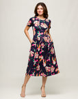 24seven Comfort Apparel Womens Navy Floral Short Sleeve Pleated Flare Midi Pocket Dress