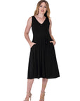 Fit and Flare Midi Sleeveless Dress with Pocket Detail