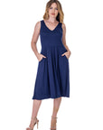 Fit and Flare Midi Sleeveless Dress with Pocket Detail