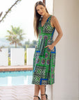 Womens Midi Length Green Scarf Print Sleeveless Pleated Pocket Dress