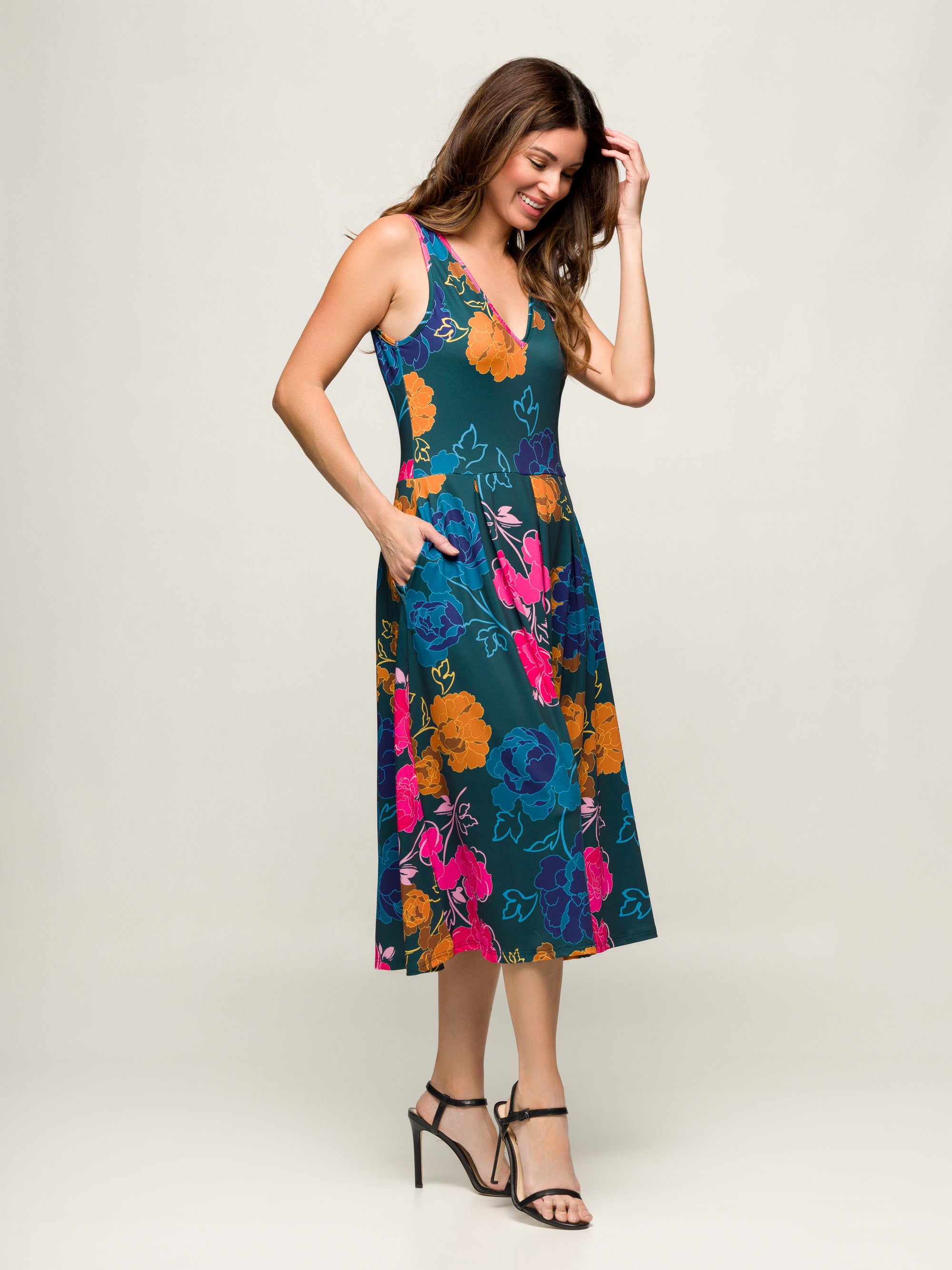 24seven Comfort Apparel Womens Midi Length Blue Floral Print Sleeveless Pleated Pocket Dress