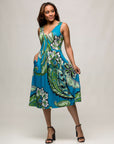 24seven Comfort Apparel Womens Midi Length Teal Paisley Print Sleeveless Pleated Pocket Dress