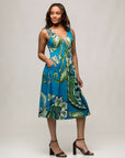 24seven Comfort Apparel Womens Midi Length Teal Paisley Print Sleeveless Pleated Pocket Dress