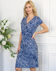 Navy Geometric Print Knee Length Short Sleeve Faux Wrap Dress