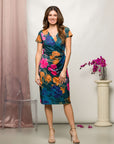24seven Comfort Apparel Blue Floral Knee Length Short Sleeve Faux Wrap Dress
