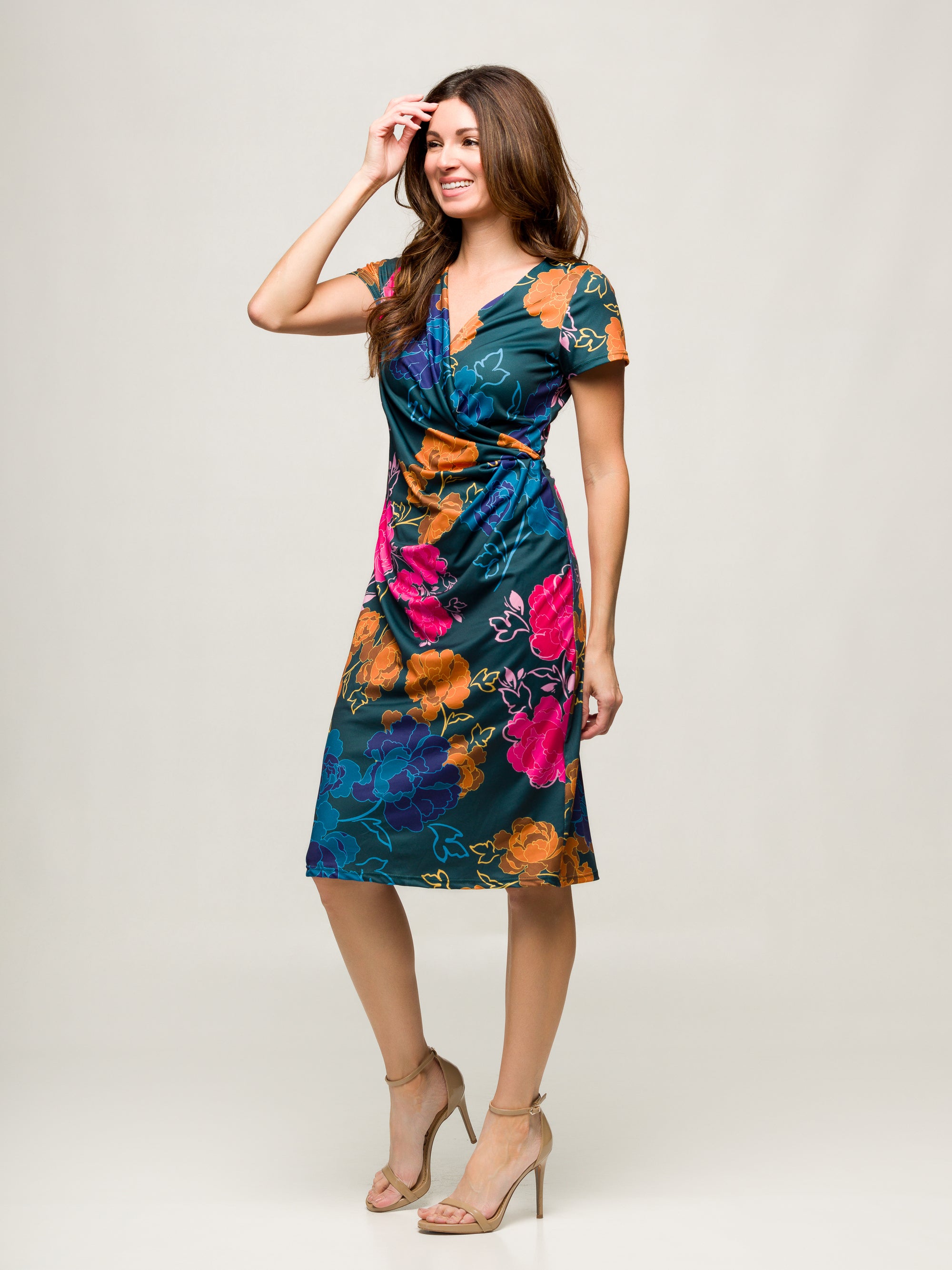 24seven Comfort Apparel Blue Floral Knee Length Short Sleeve Faux Wrap Dress