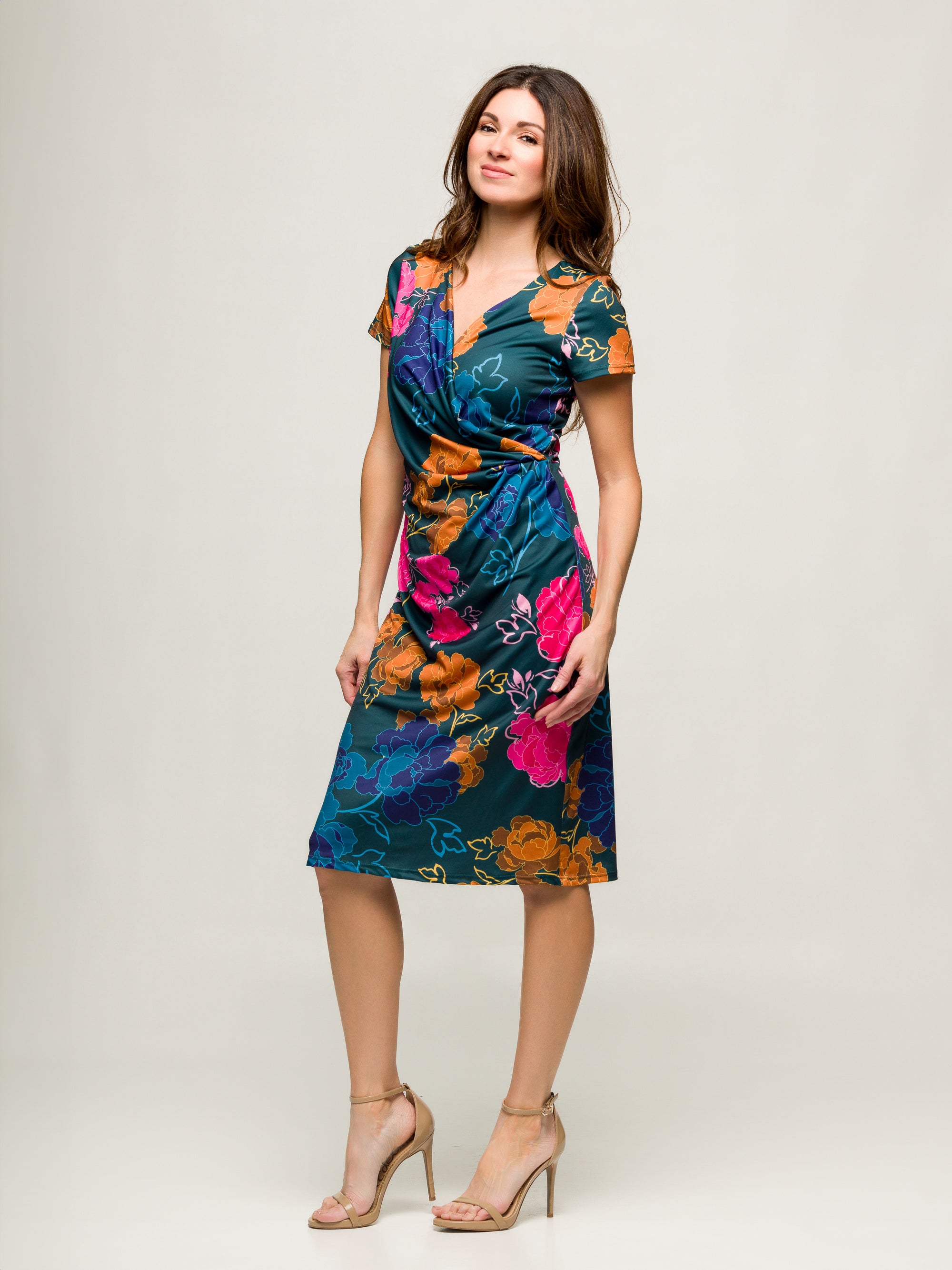 24seven Comfort Apparel Blue Floral Knee Length Short Sleeve Faux Wrap Dress