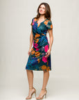 24seven Comfort Apparel Blue Floral Knee Length Short Sleeve Faux Wrap Dress