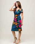24seven Comfort Apparel Blue Floral Knee Length Short Sleeve Faux Wrap Dress