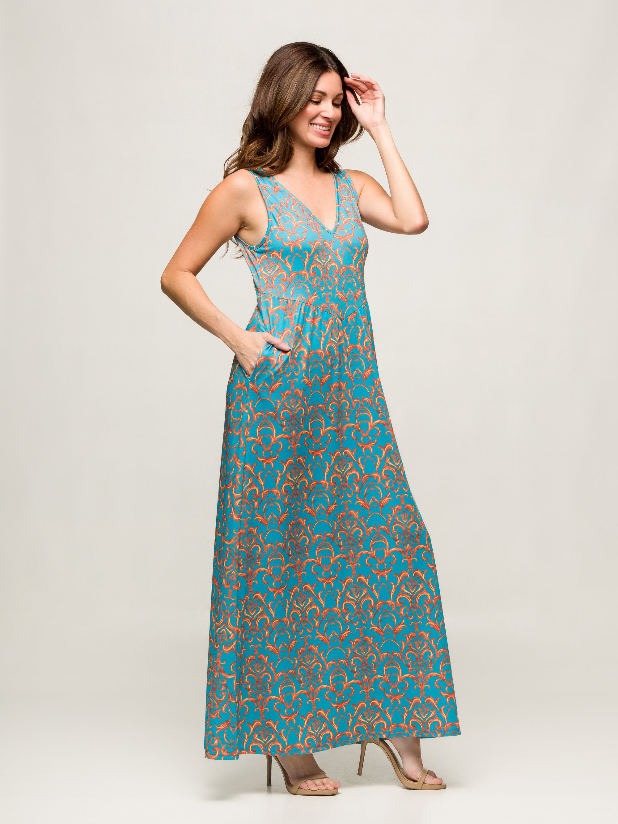 24seven Comfort Apparel Sky Blue Sleeveless V Neck Maxi Dress With Pockets