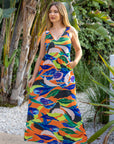 Multicolor Floral Sleeveless V Neck Maxi Dress With Pockets