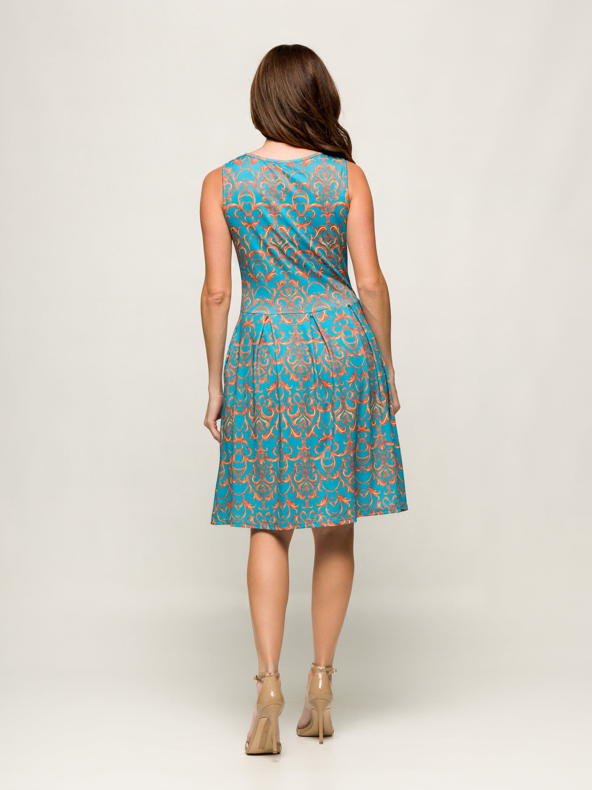 24seven Comfort Apparel Sky Blue Sleeveless Pleated Knee Length Pocket Dress