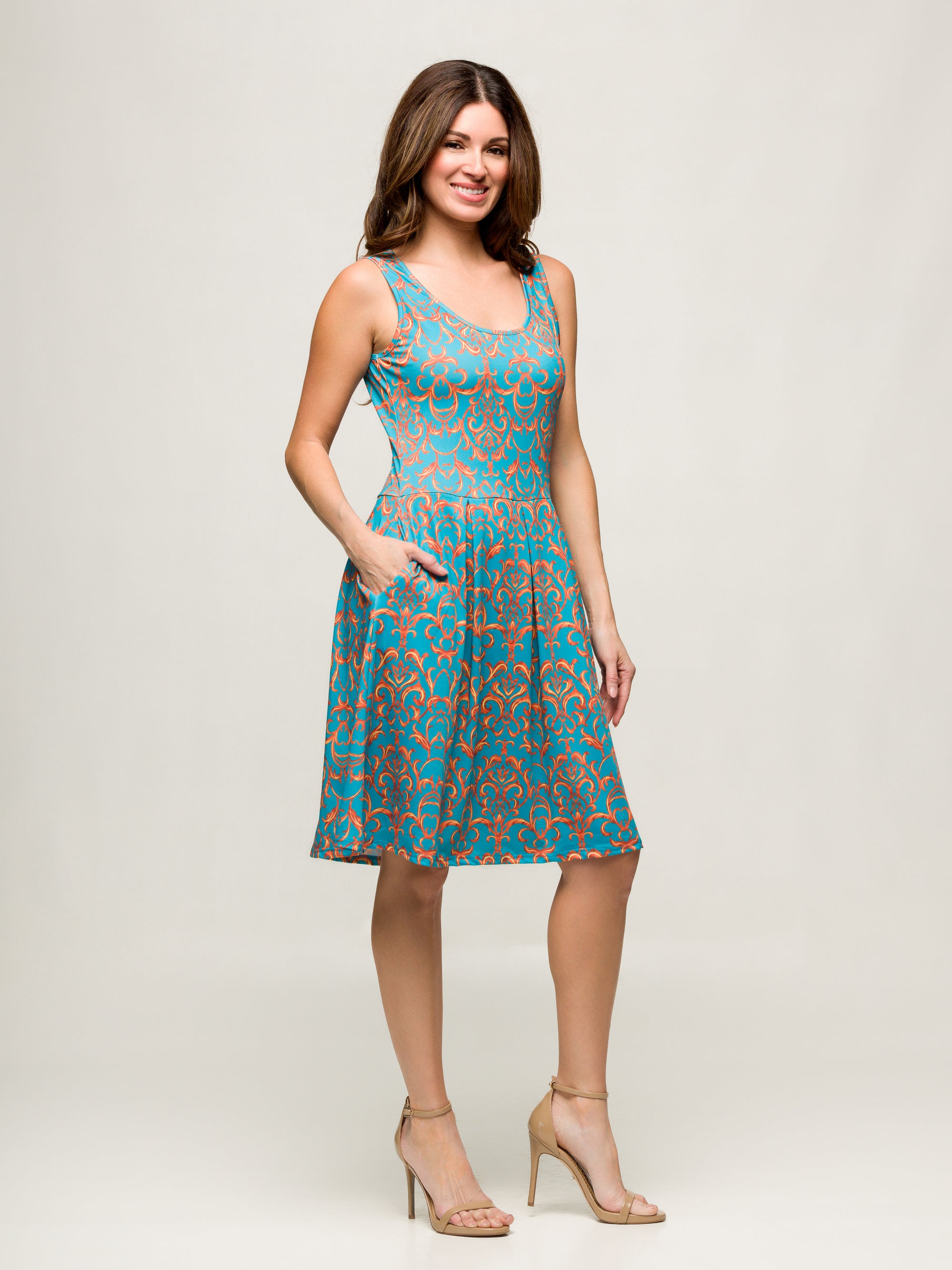 24seven Comfort Apparel Sky Blue Sleeveless Pleated Knee Length Pocket Dress