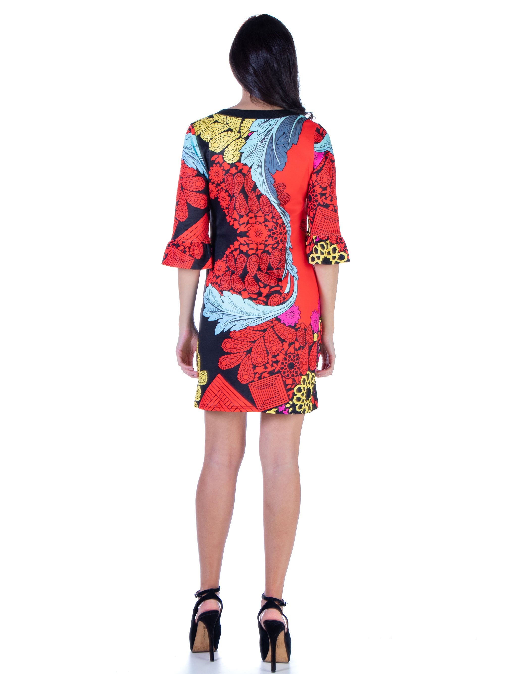 24seven Comfort Apparel Red Paisley Elbow Sleeve Knee Length Shift Dress