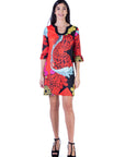 24seven Comfort Apparel Red Paisley Elbow Sleeve Knee Length Shift Dress