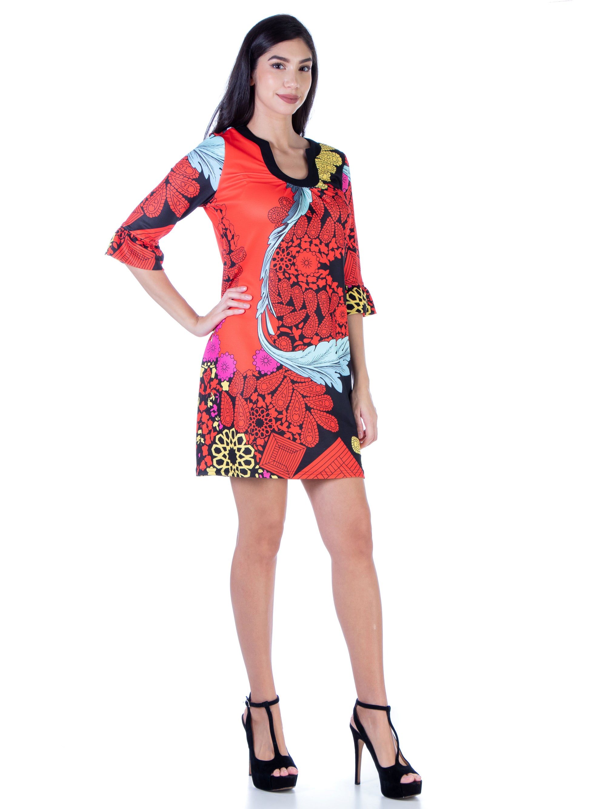 24seven Comfort Apparel Red Paisley Elbow Sleeve Knee Length Shift Dress