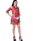 24seven Comfort Apparel Red Paisley Elbow Sleeve Knee Length Shift Dress