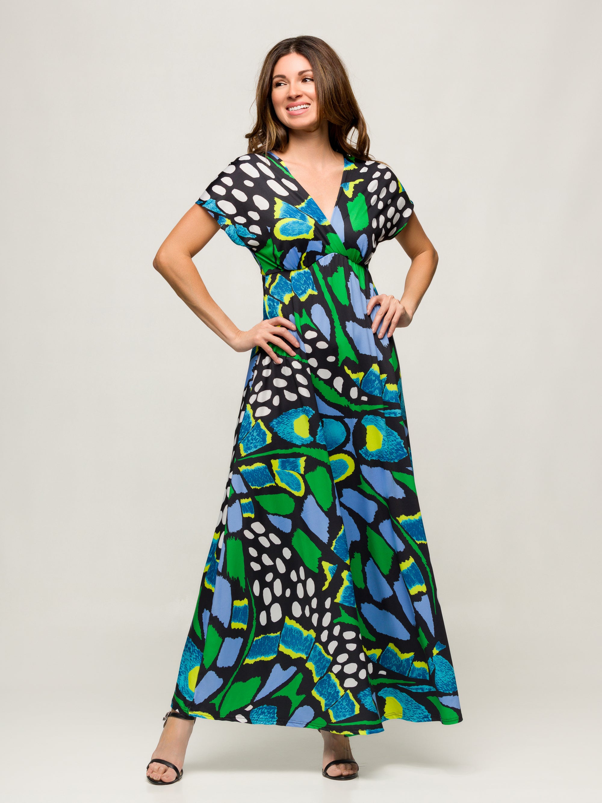 24seven Comfort Apparel Womens Blue Butterfly Print V Neck Empire Waist Cap Sleeve Maxi Dress