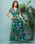 24seven Comfort Apparel Womens Blue Butterfly Print V Neck Empire Waist Cap Sleeve Maxi Dress