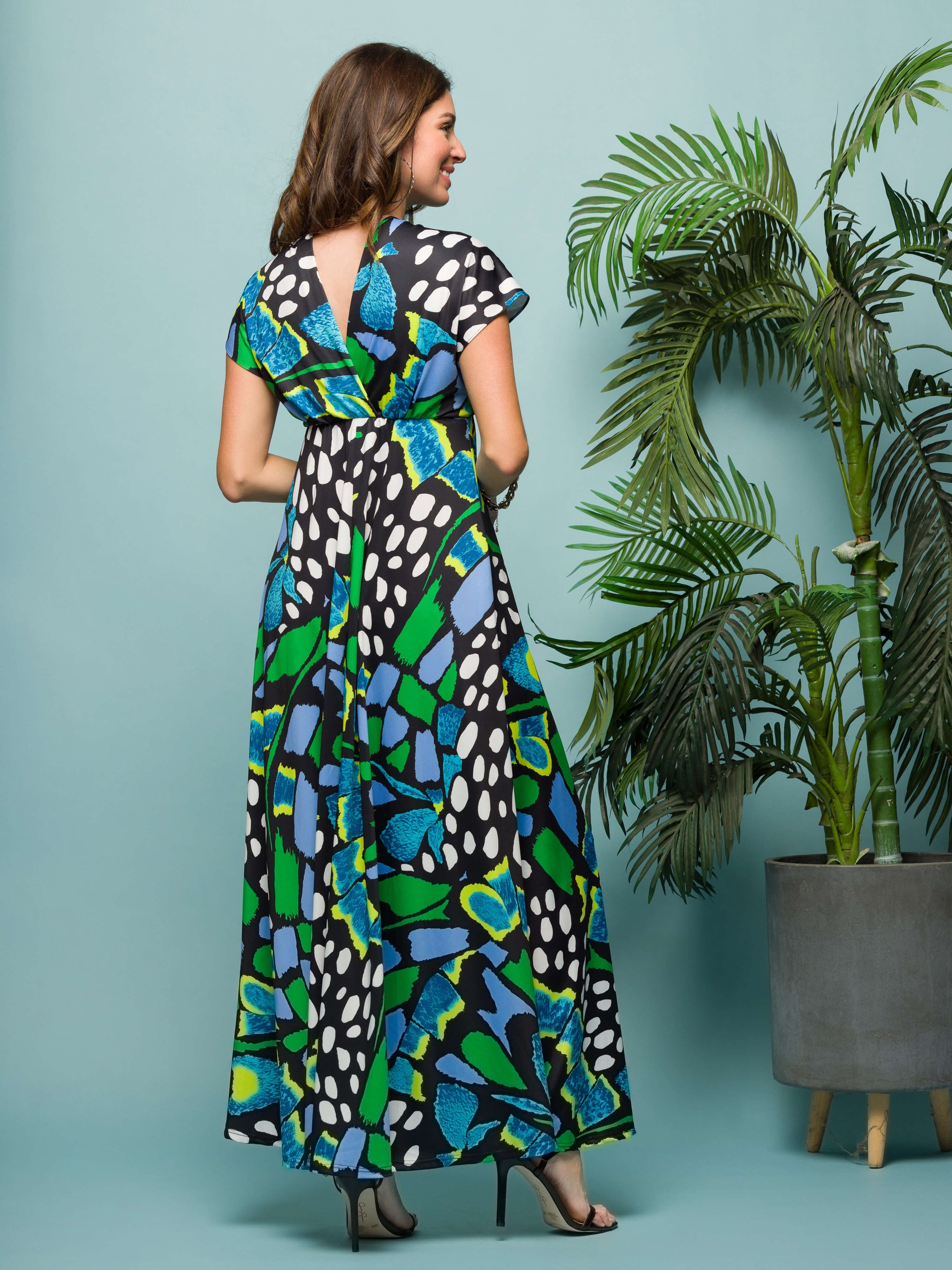 24seven Comfort Apparel Womens Blue Butterfly Print V Neck Empire Waist Cap Sleeve Maxi Dress