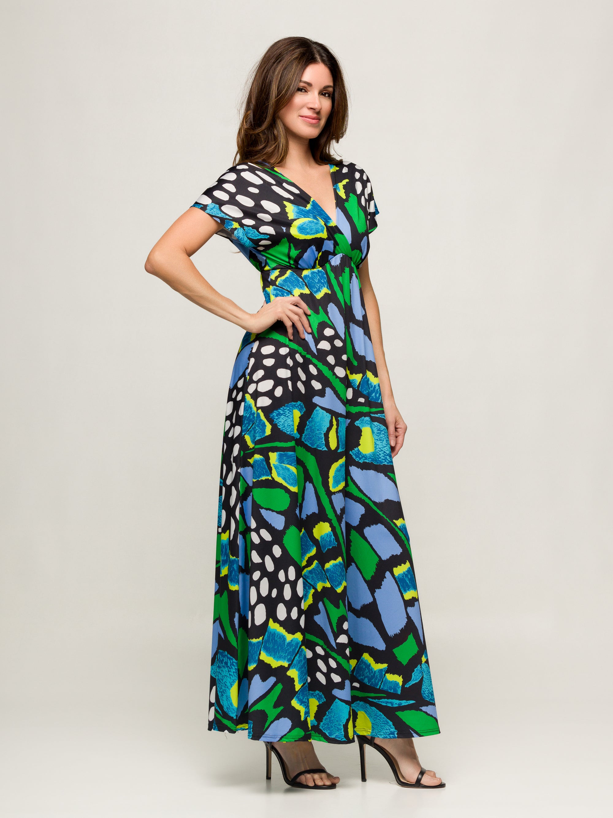 24seven Comfort Apparel Womens Blue Butterfly Print V Neck Empire Waist Cap Sleeve Maxi Dress
