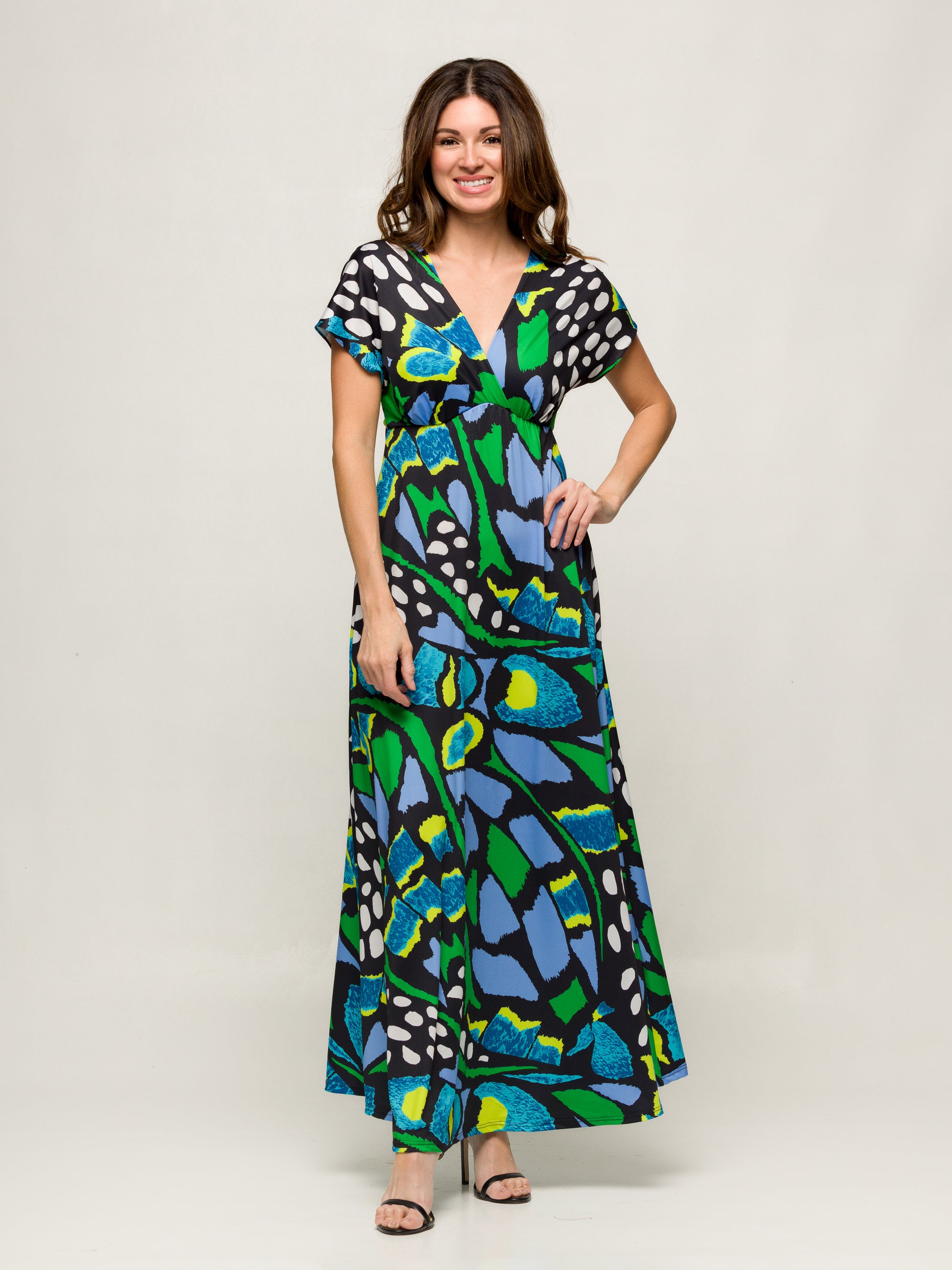 24seven Comfort Apparel Womens Blue Butterfly Print V Neck Empire Waist Cap Sleeve Maxi Dress