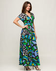 24seven Comfort Apparel Womens Blue Butterfly Print V Neck Empire Waist Cap Sleeve Maxi Dress