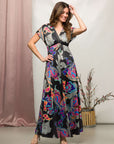 24seven Comfort Apparel Womens Black Paisley Print V Neck Empire Waist Cap Sleeve Maxi Dress
