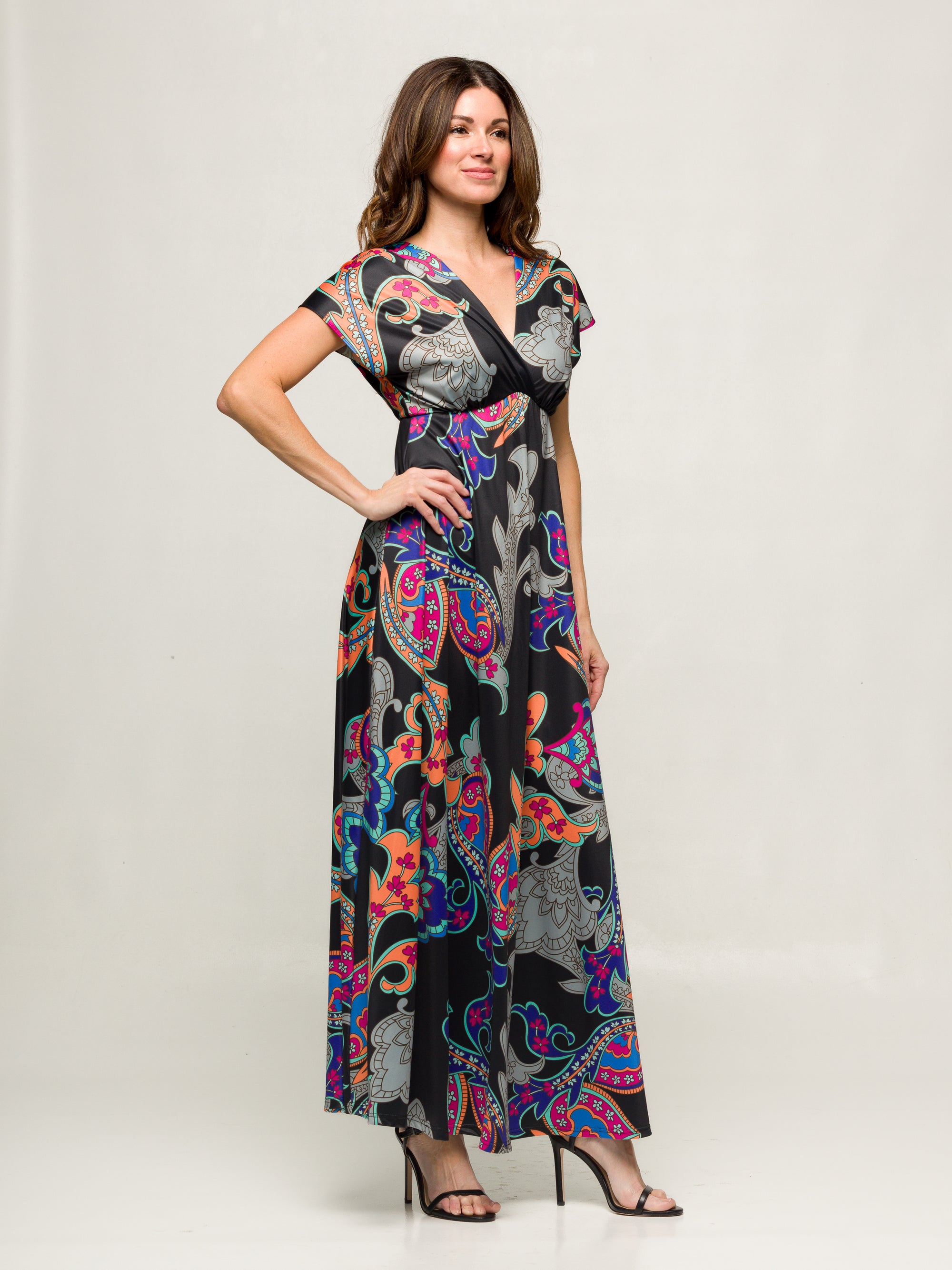 24seven Comfort Apparel Womens Black Paisley Print V Neck Empire Waist Cap Sleeve Maxi Dress