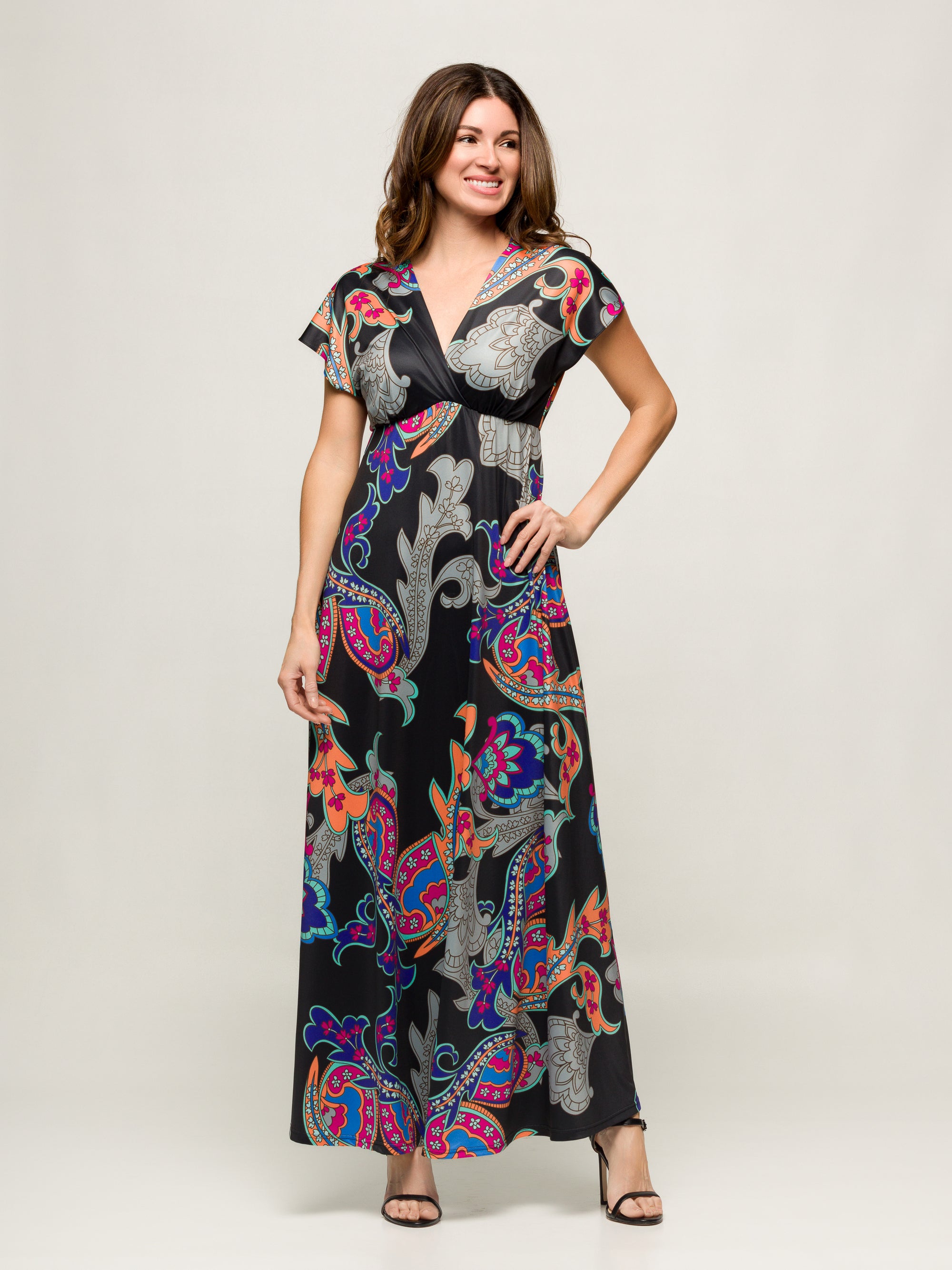 24seven Comfort Apparel Womens Black Paisley Print V Neck Empire Waist Cap Sleeve Maxi Dress