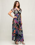 24seven Comfort Apparel Womens Black Paisley Print V Neck Empire Waist Cap Sleeve Maxi Dress