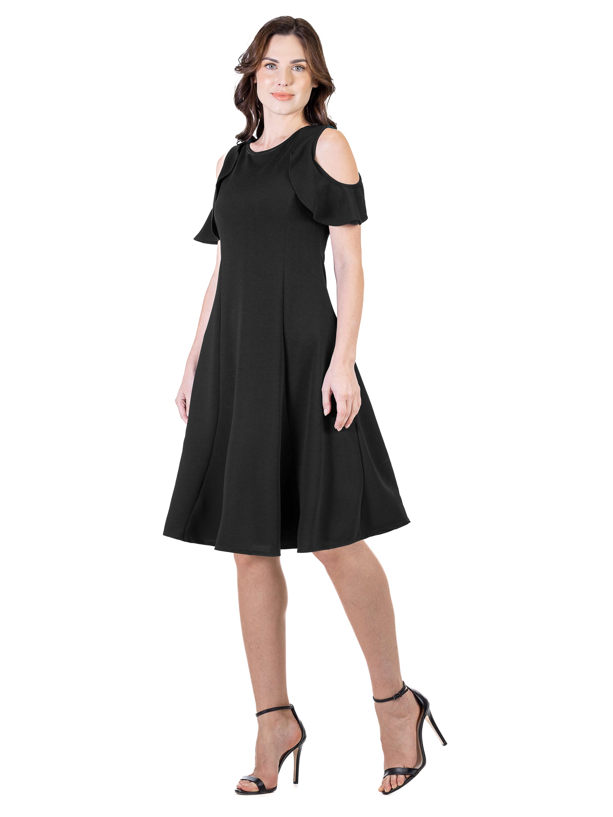 Ruffle Cold Shoulder A Line Knee Length Dress
