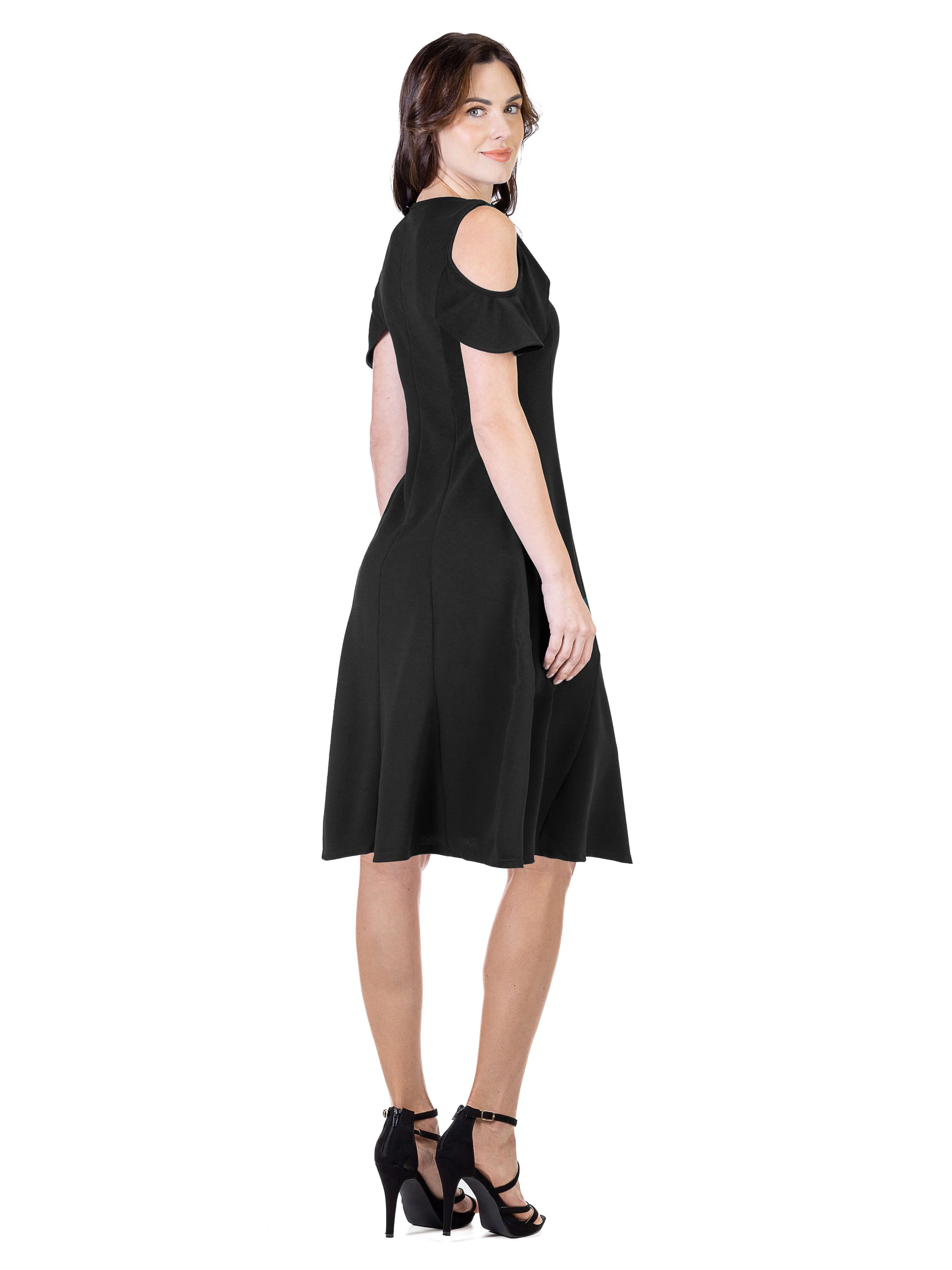 Ruffle Cold Shoulder A Line Knee Length Dress