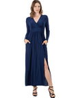 Womens Long Sleeve V Neck Side Slit Maxi Dress