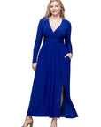 Womens Long Sleeve V Neck Side Slit Maxi Dress
