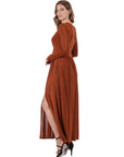 Womens Long Sleeve V Neck Side Slit Maxi Dress