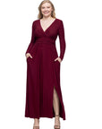 Womens Long Sleeve V Neck Side Slit Maxi Dress