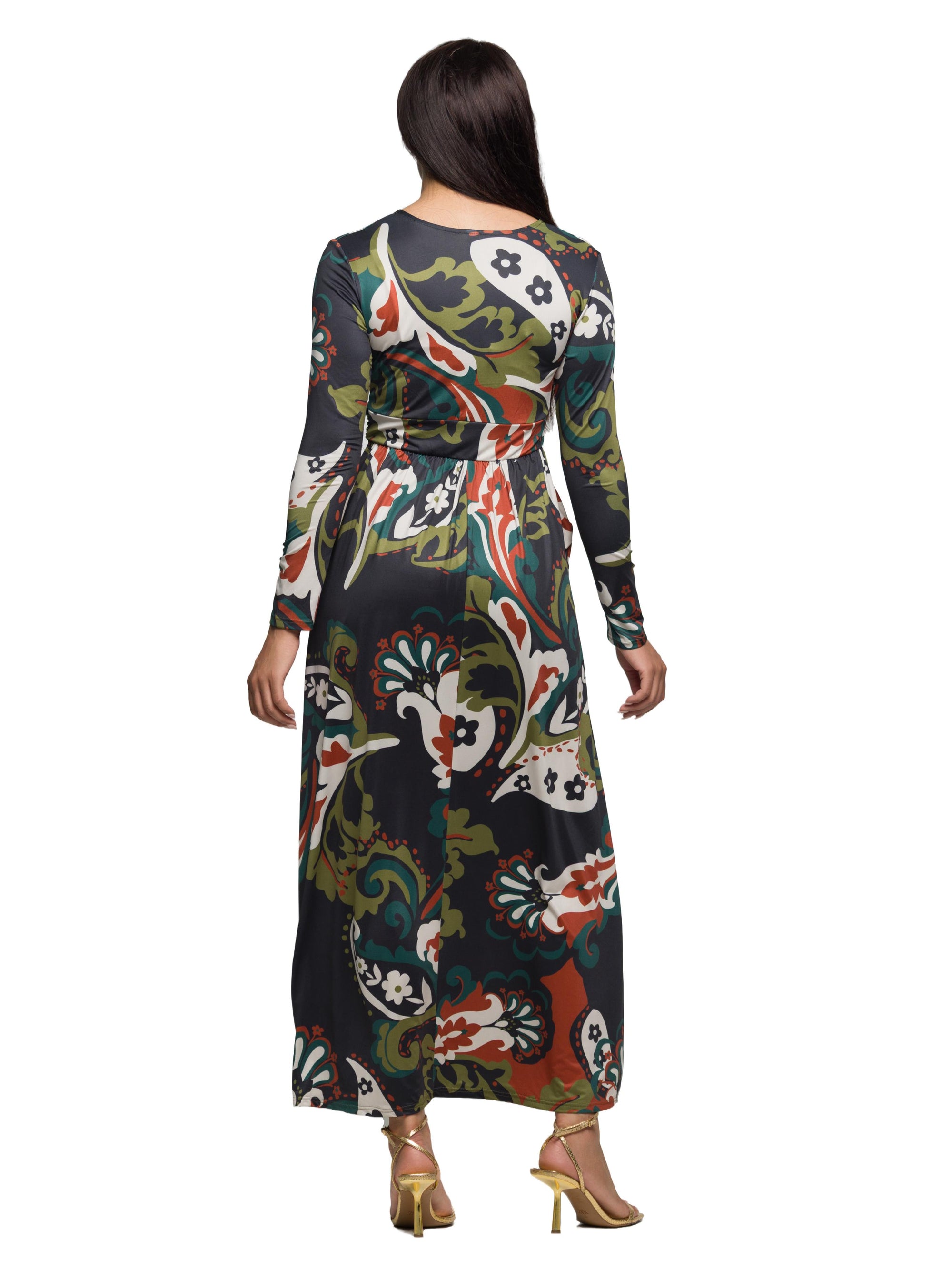 24seven Comfort Apparel Green Paisley Print Long Sleeve Wrap Maxi Dress