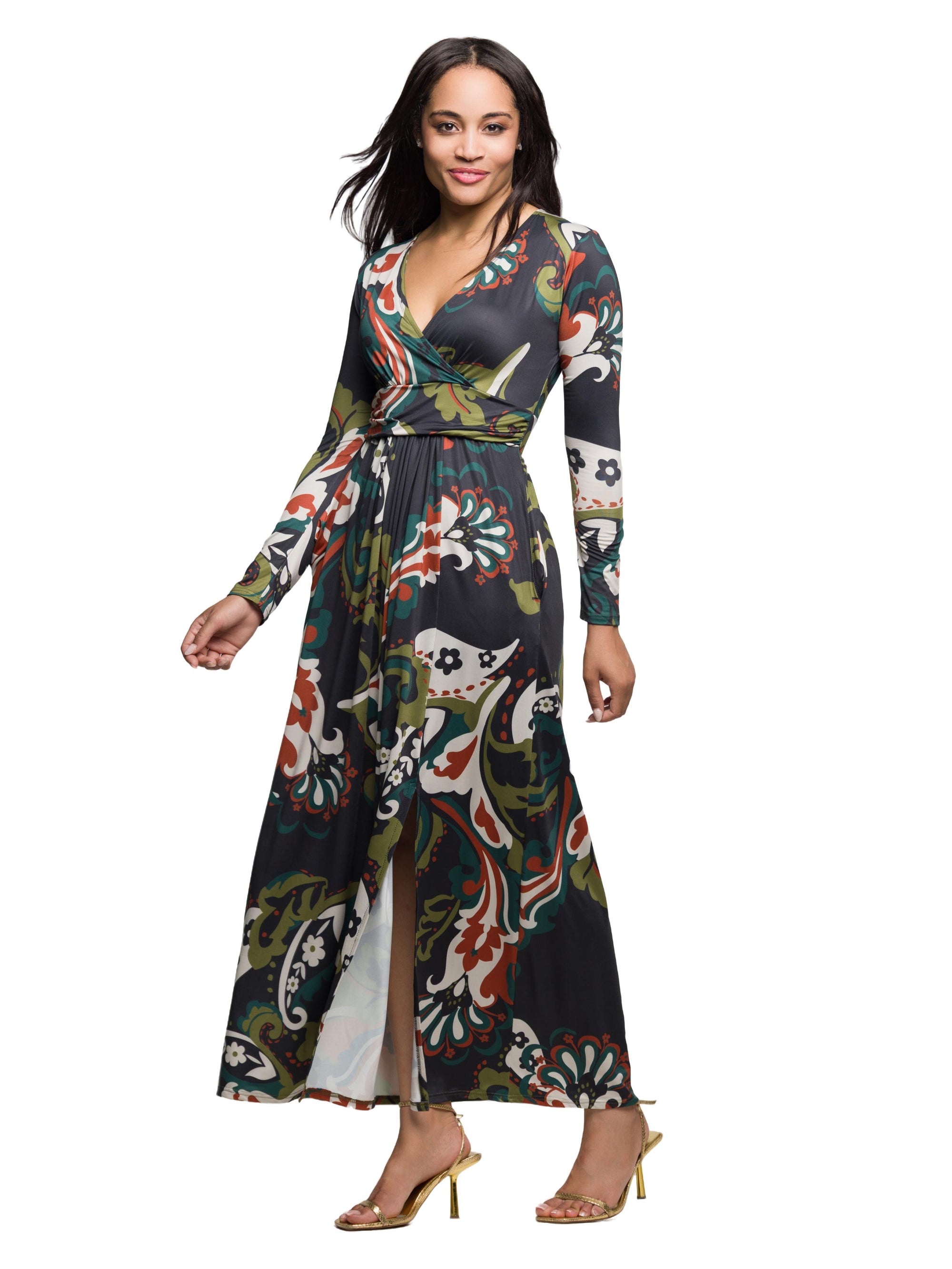 24seven Comfort Apparel Green Paisley Print Long Sleeve Wrap Maxi Dress