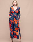 Navy Floral Print Long Sleeve Side Slit Maxi Dress