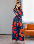 Navy Floral Print Long Sleeve Side Slit Maxi Dress