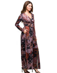 24seven Comfort Apparel Gray Floral Print Long Sleeve Wrap Maxi Dress