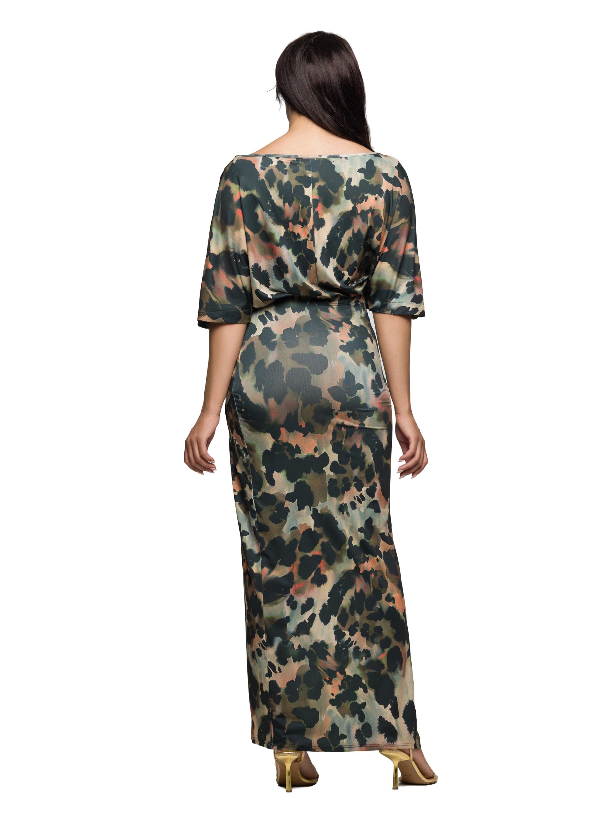 24seven Comfort Apparel Green Abstract Print Batwing Sleeve Maxi Dress with Slit