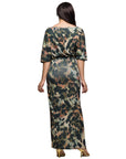 24seven Comfort Apparel Green Abstract Print Batwing Sleeve Maxi Dress with Slit