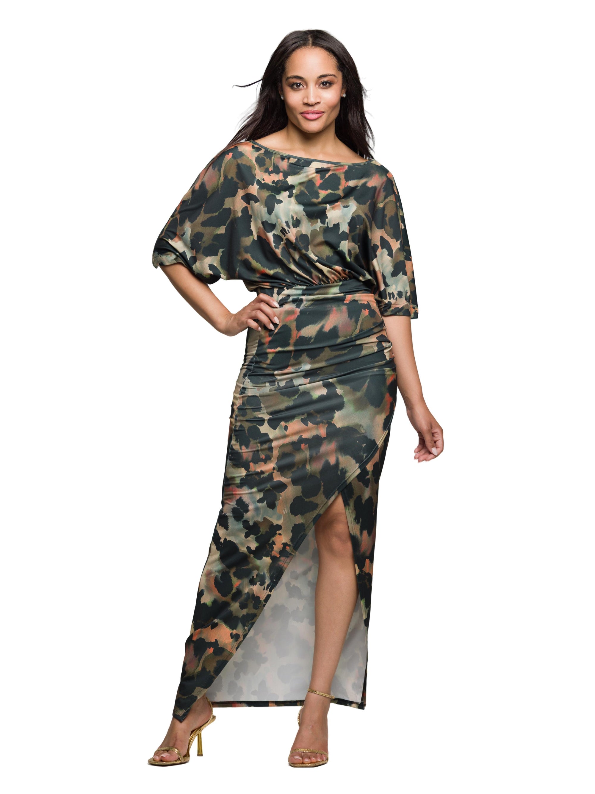 24seven Comfort Apparel Green Abstract Print Batwing Sleeve Maxi Dress with Slit