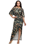 24seven Comfort Apparel Green Abstract Print Batwing Sleeve Maxi Dress with Slit