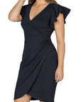Womens V Neck Ruffle Sleeve Knee Length Dress